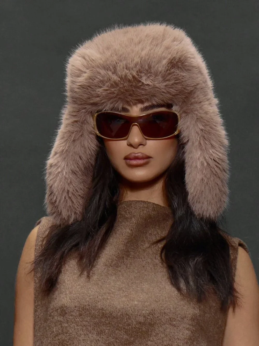Brown Casual Elegant Women's Oversized Faux Fur Trapper Hat